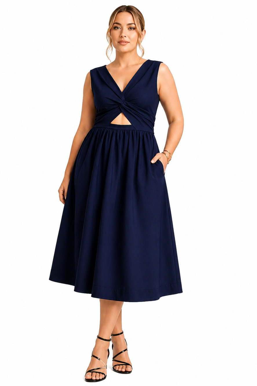 NWT Banana Republic XL 18 Navy Midi Dress Pockets Fit Flare Wedding Guest